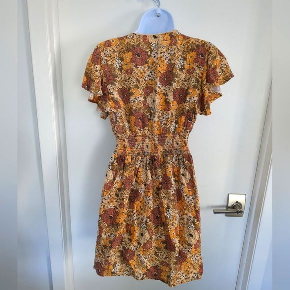Jessica Simpson Floral Brown Beige and Orange V neck mini Dress size SX - Picture 7 of 8